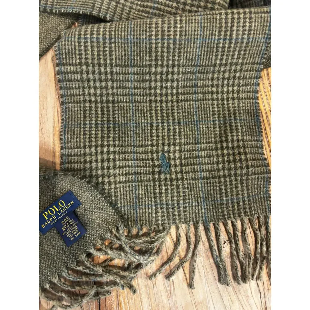 Polo Ralph Lauren Virgin Wool Plaid Scarf Made in Italy Brown Fringe